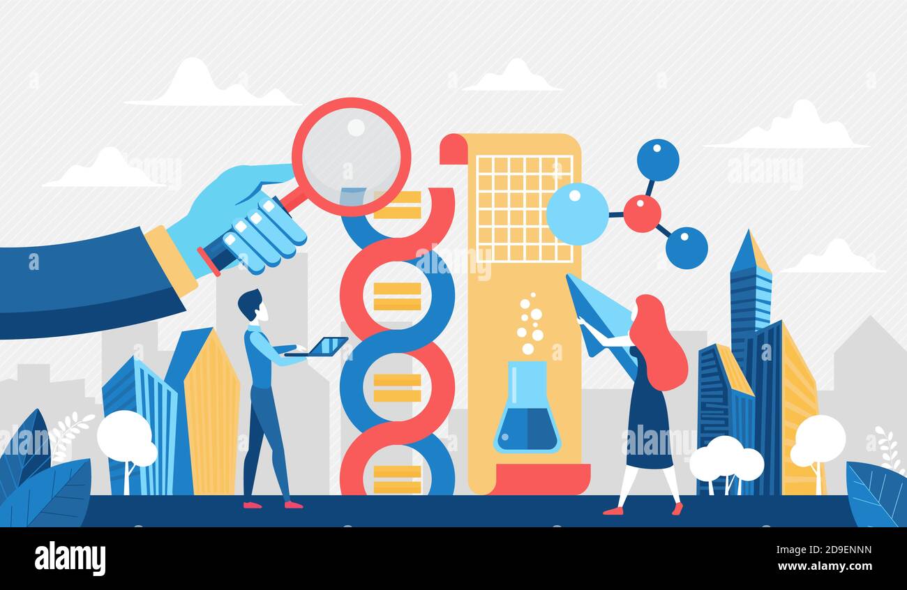 Wissenschaft Menschen Labor Forschung Konzept Vektor Illustration. Cartoon Wissenschaftler Charaktere arbeiten im Labor auf wissenschaftliche Testexperiment, Erforschung der Chemie oder Biochemie Technologie Hintergrund Stock Vektor