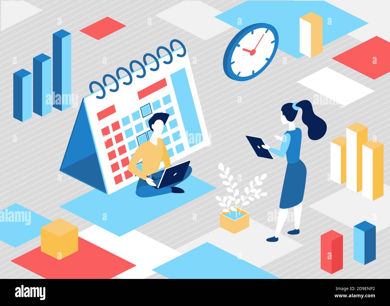 Isometrische Darstellung des Geschäftsplankonzepts. 3d Cartoon Geschäftsmann Figur sitzt neben großen Planer Erinnerung, Business-Veranstalter für die Planung Termin, planen Meeting-Events Hintergrund Stock Vektor