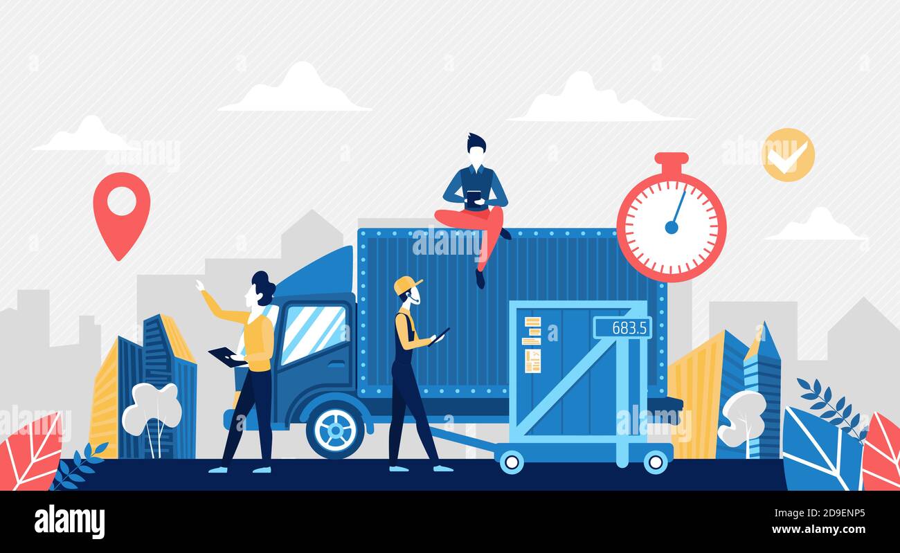 Lager Großhandel Logistikzentrum Vektor Illustration. Cartoon Arbeiter Menschen in Abfertigung Prozess, laden Boxen zu Fracht Kurier LKW in Lagerhaus, Arbeit in Verteilung Lieferung Service Hintergrund Stock Vektor