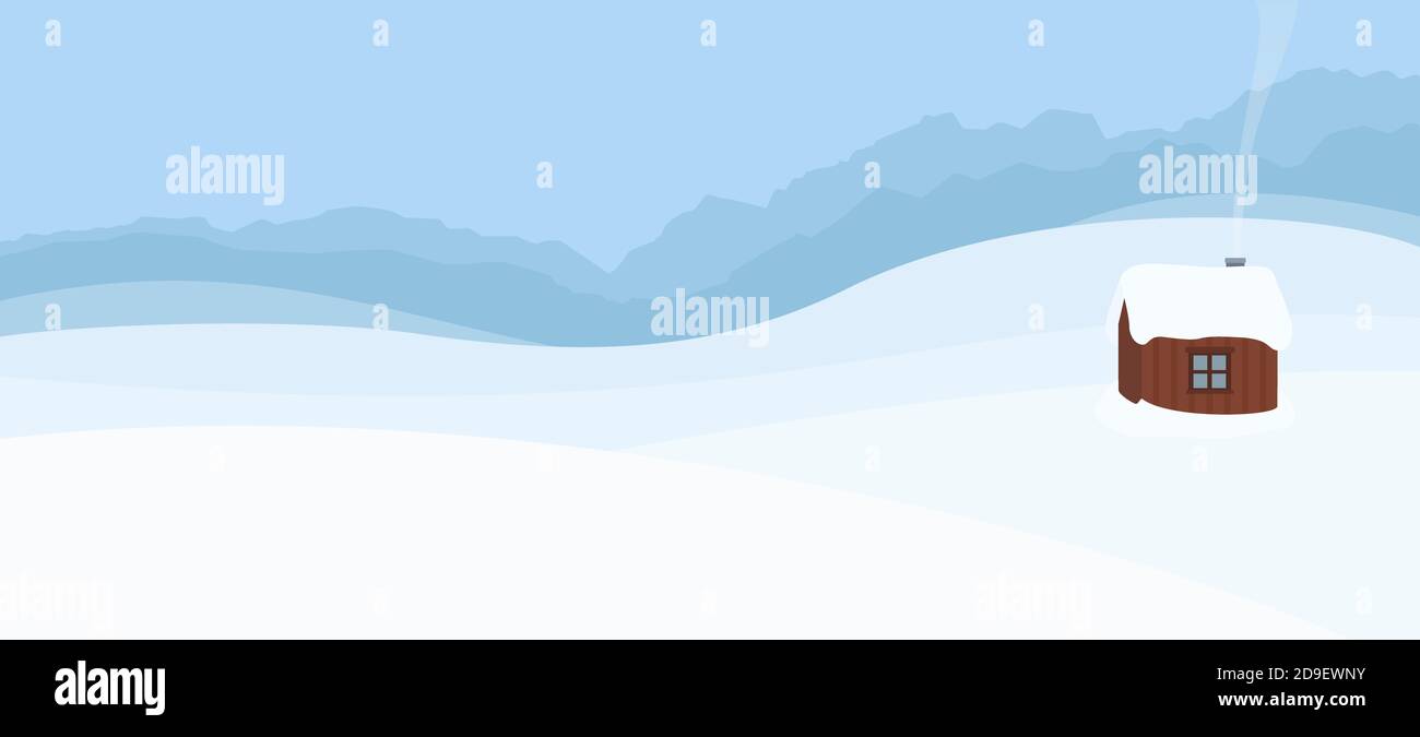 Verschneite Hügel mit einem einzigen Holzhaus, Panoramalandschaft - Symbol für Einsamkeit, Abgeschiedenheit, Einsamkeit, Ruhe, Romantik, Ruhe und Frieden. Stockfoto