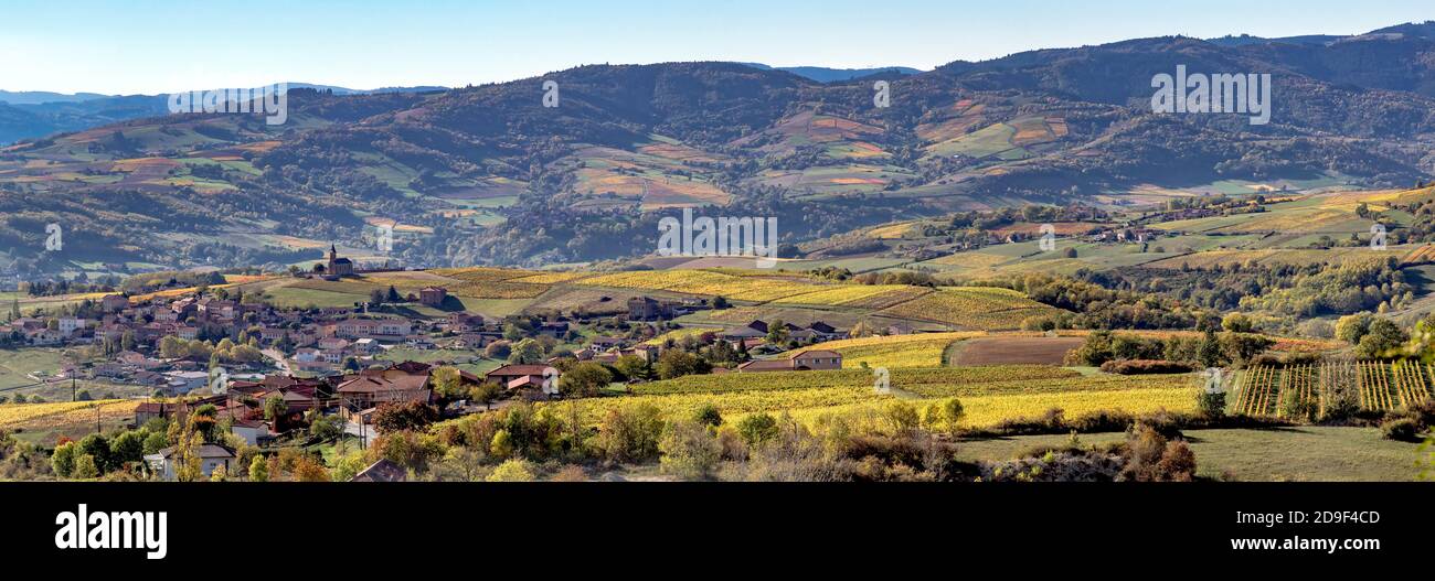 Das Dorf Oingt in der Region Beaujolais in Frankreich. Die Region ist für Weine mit dem gleichen Namen bekannt. Der Name stammt von seinem lateinischen Namen Yconium. Stockfoto