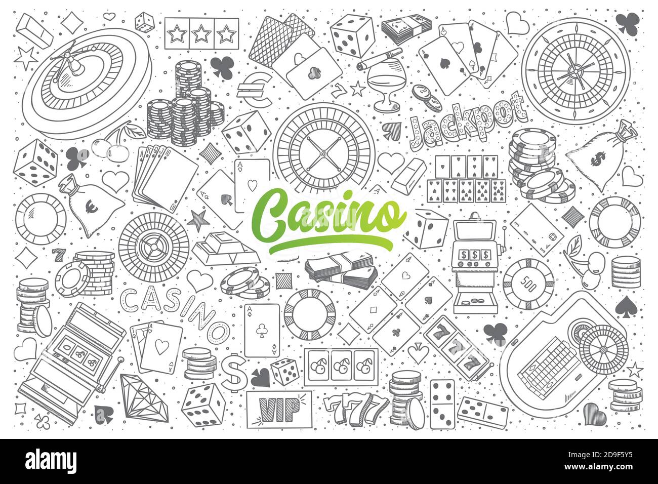 Casino Doodle Set mit grünen Schriftzügen Stock Vektor