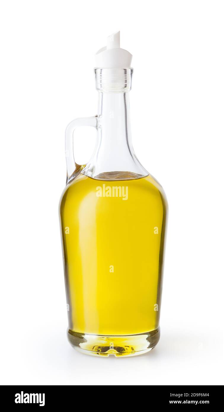 Olivenöl in Glasflasche auf weißem Hintergrund mit Freistellungspfad isoliert Stockfoto