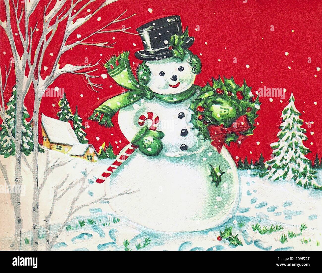 Abbildung: Schneemann. Weihnachten im alten Stil auf Vintage-Art. Stockfoto