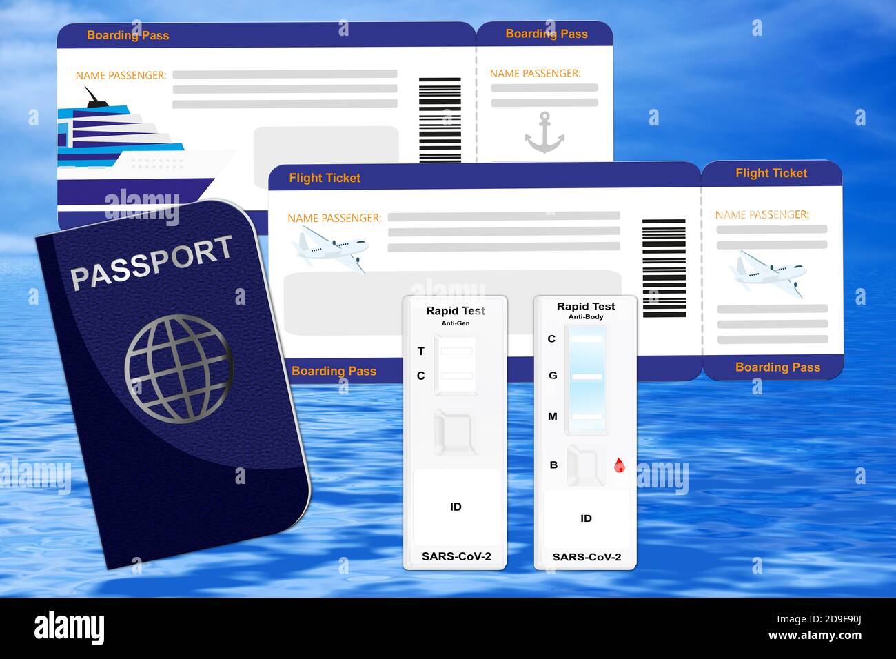 Corona Schnelltest mit Reisepass, Flugticket und Schiffsticket Stockfoto