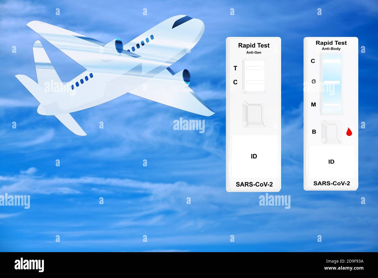 Corona Covid-19 Schnelltest mit Flugzeug und Himmel Hintergrund Stockfoto