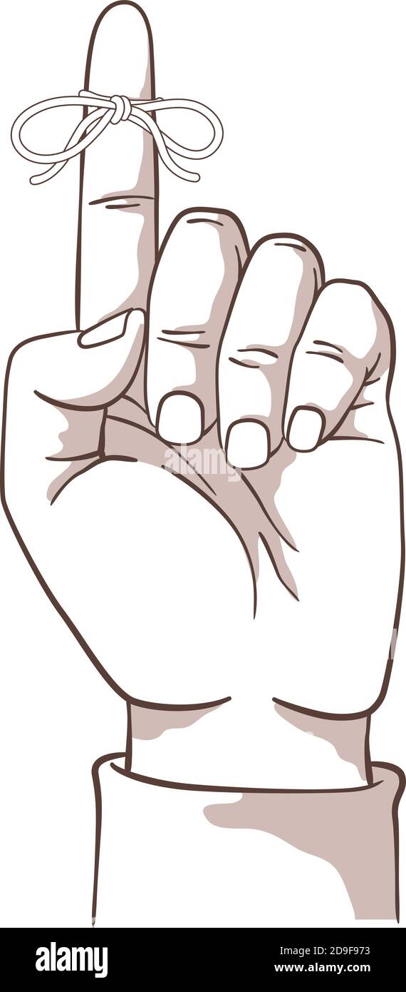 Illustration isoliert auf weißem Hintergrund einer Hand mit einem kleinen Band um seinen Zeigefinger gebunden. Stock Vektor