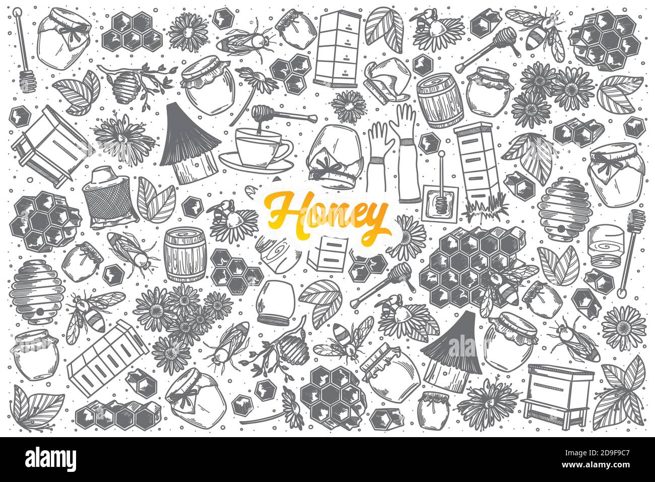 Handgezeichnetes Honey Doodle Set mit Schriftzug Stock Vektor