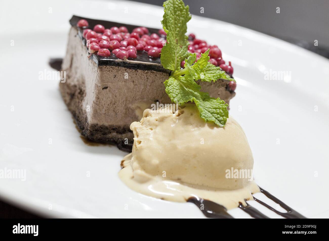 Nahaufnahme eines Stückes Schokoladenmousse Kuchen mit Eis Creme auf einem Teller mit verschwommenem Hintergrund Stockfoto