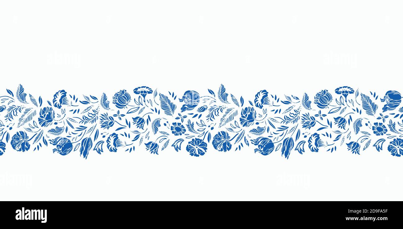 Vector klassische Porzellan blau floralen Rand. Nahtloses königliches handgezeichnetes Barockdesign. Blaue Blumenausschnitte auf weißem Hintergrund. Eleganter Naturhintergrund. Oberflächenmuster. Stock Vektor