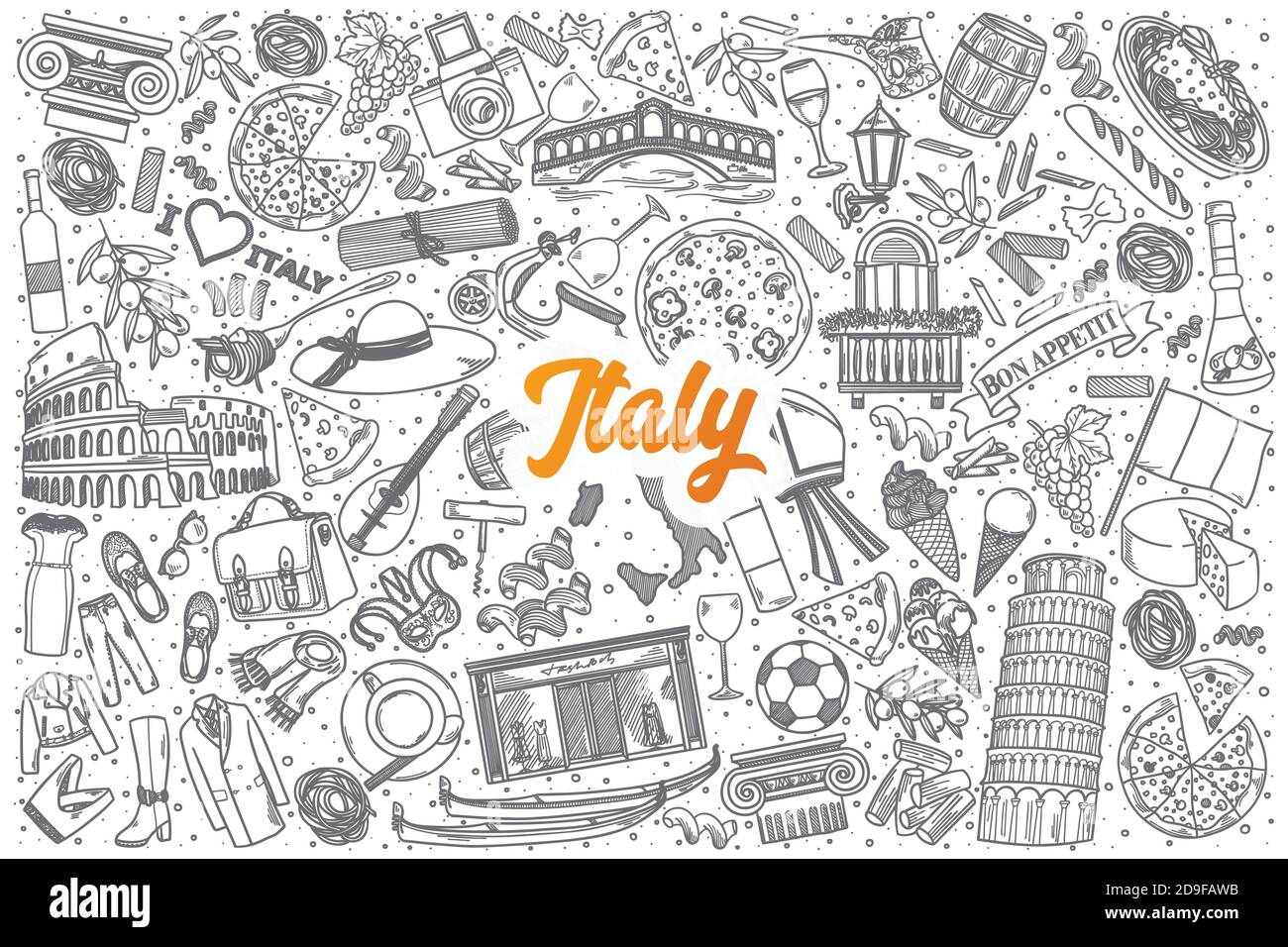 Handgezeichnetes Italien-Doodle-Set mit Schriftzug Stock Vektor