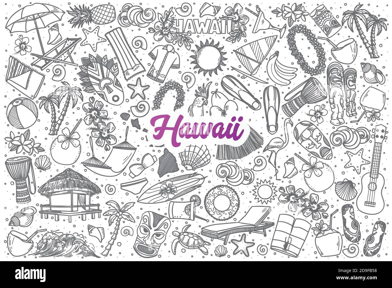 Handgezeichnetes Hawaii-Doodle-Set mit Schriftzug Stock Vektor