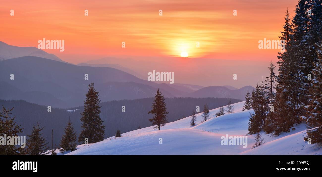 Winterlandschaft bei Sonnenuntergang. Berge Karpaten, Ukraine Stockfoto