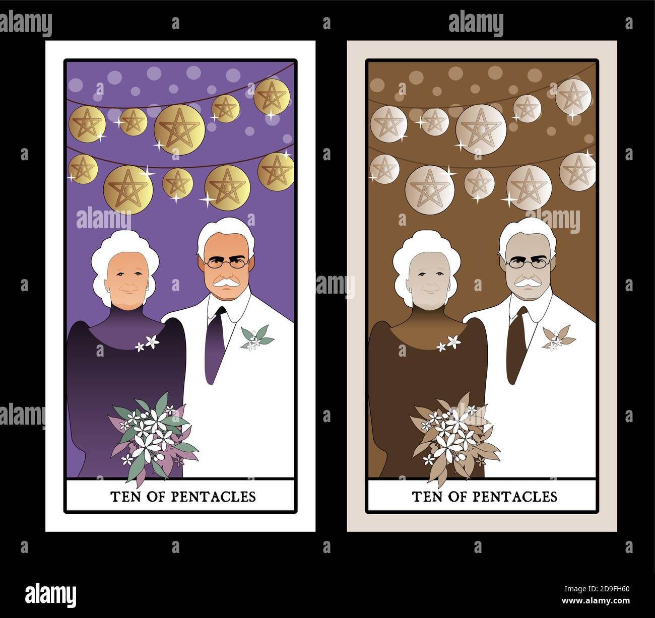 Zehn der Kelche. Tarot Karten. Elegante und gerne älteres Paar, unter hellen Lichtern und zehn goldenen Münzen Stock Vektor