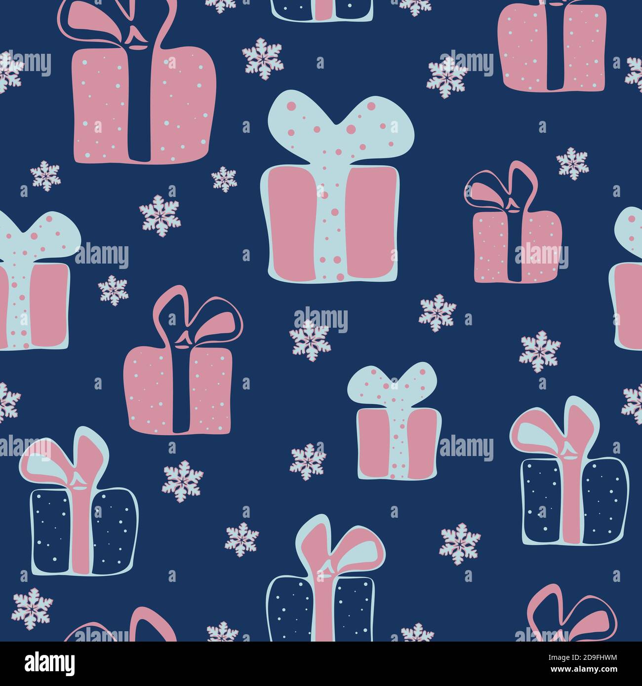 Vektor nahtlose Muster mit bunten Geschenk-Boxen im Cartoon-Stil auf einem dunkelblauen Hintergrund. Muster für Stoffdruck, Geschenkpapier-Design. Stock Vektor