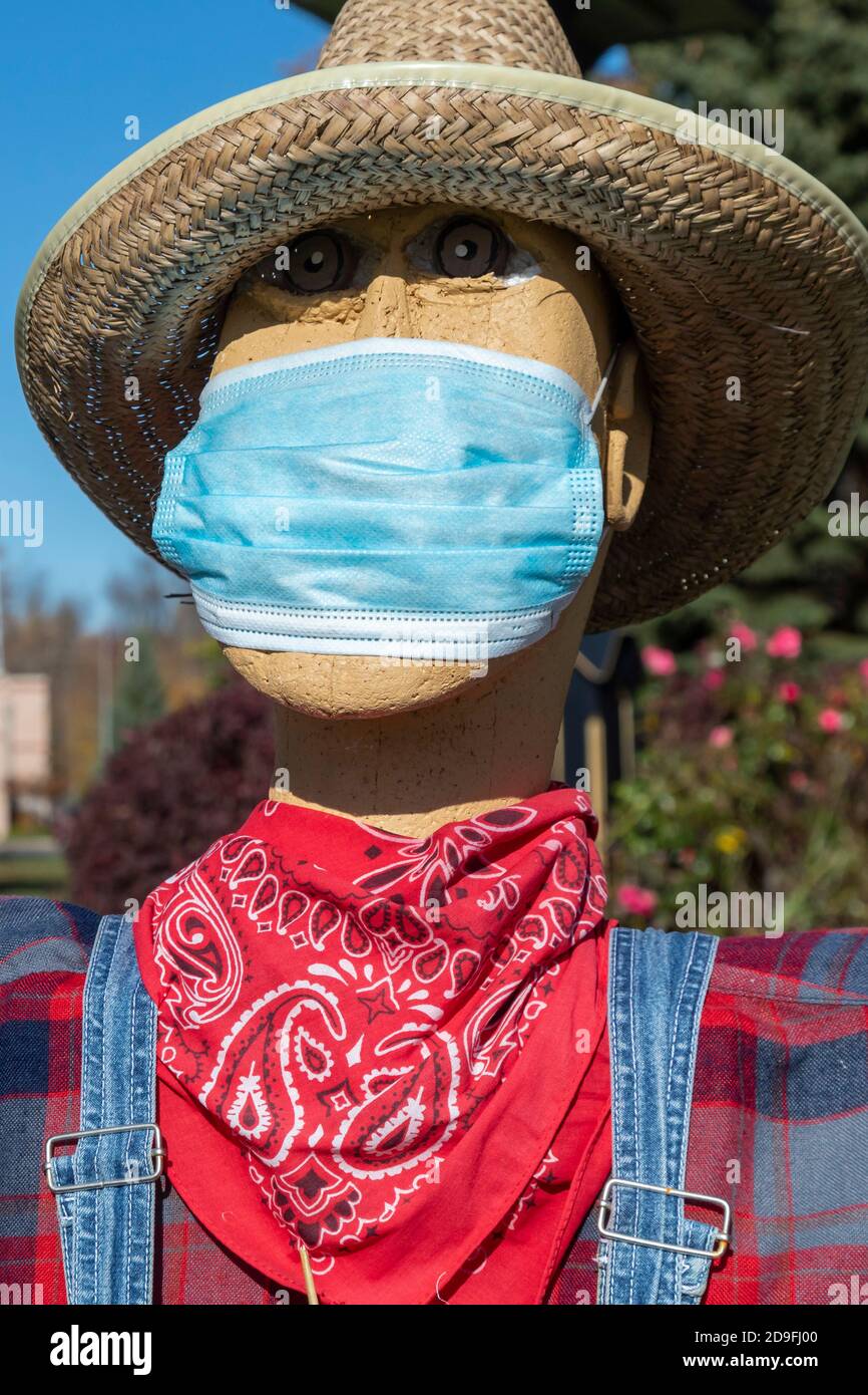 Sandusky, Michigan - Vogelscheuchen mit Masken während der Coronavirus-Pandemie. Stockfoto
