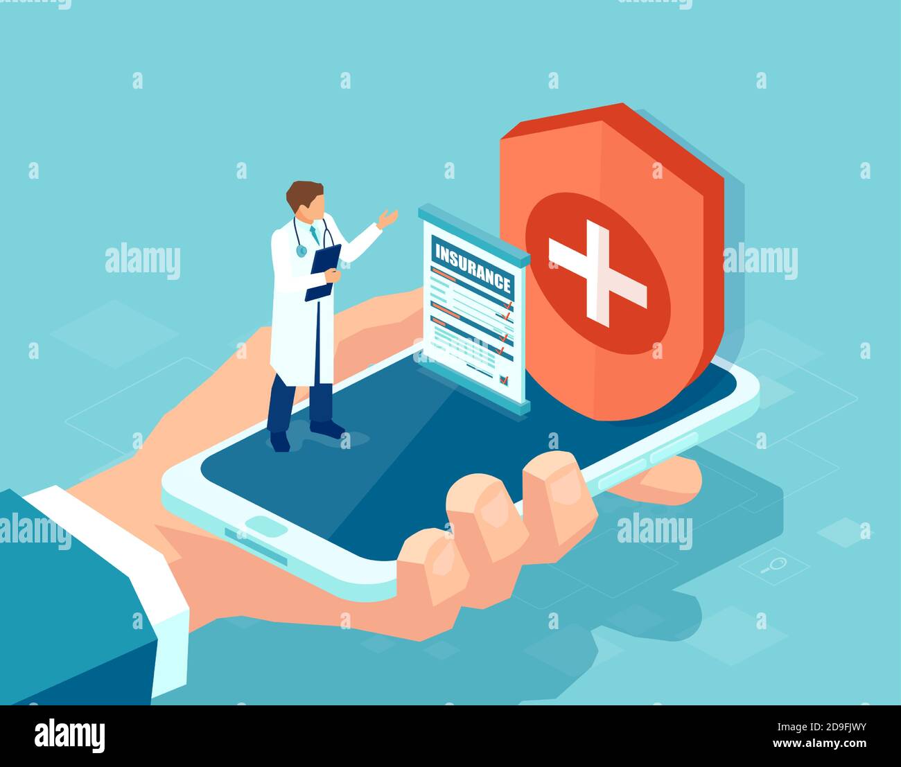 Vektor eines Mannes mit einem Smartphone mit Gesundheits-App, Versicherung und Arztberatung Online-Service Stock Vektor