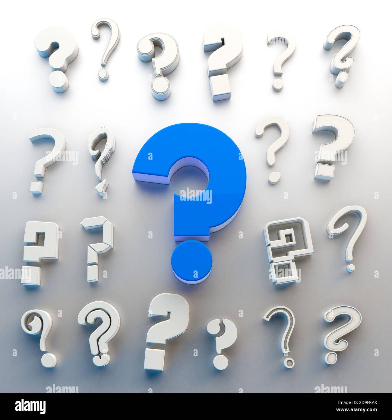 Fragen markieren isoliert über weißem Hintergrund.Konzept der Zweifel und Fragen.viele Fragesymbol.3d-Illustration Stockfoto