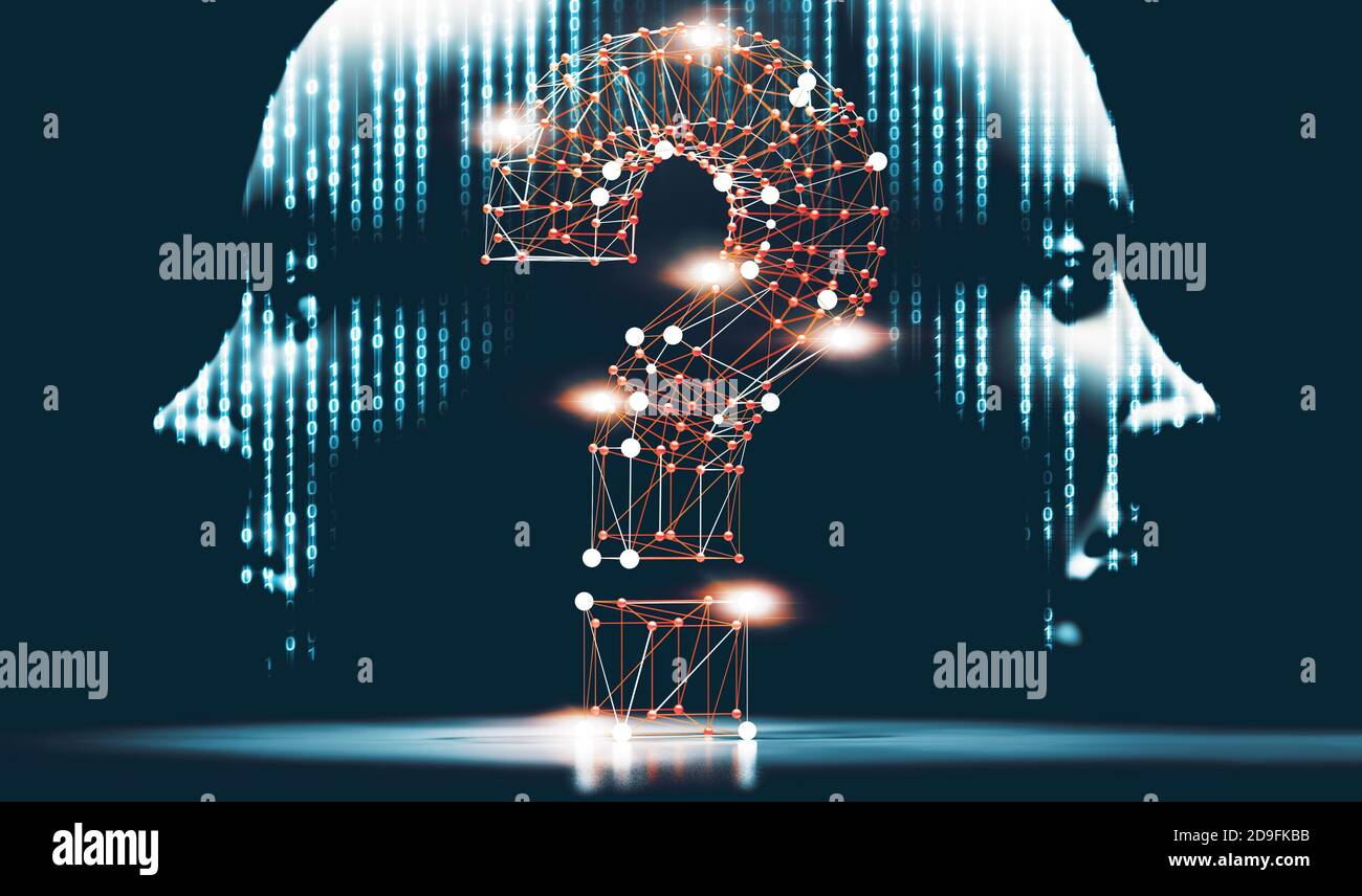 Netzwerk- und Kommunikationsfragen für Cyber Security.Cyborg Kopf und Binärcode.Fragezeichen und Konzept von Wissenschaft und Technologie. Stockfoto