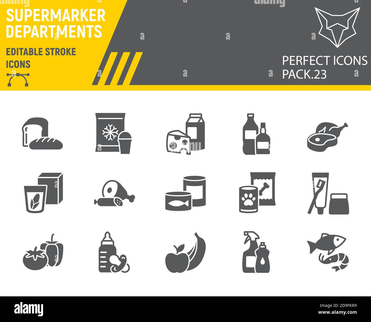 Supermarkt Abteilungen Glyph Icon-Set, Lebensmittelgeschäft Sammlung, Vektor-Skizzen, Logo-Illustrationen, Online-Verkauf Icons, Supermarkt Abteilung Schilder Stock Vektor