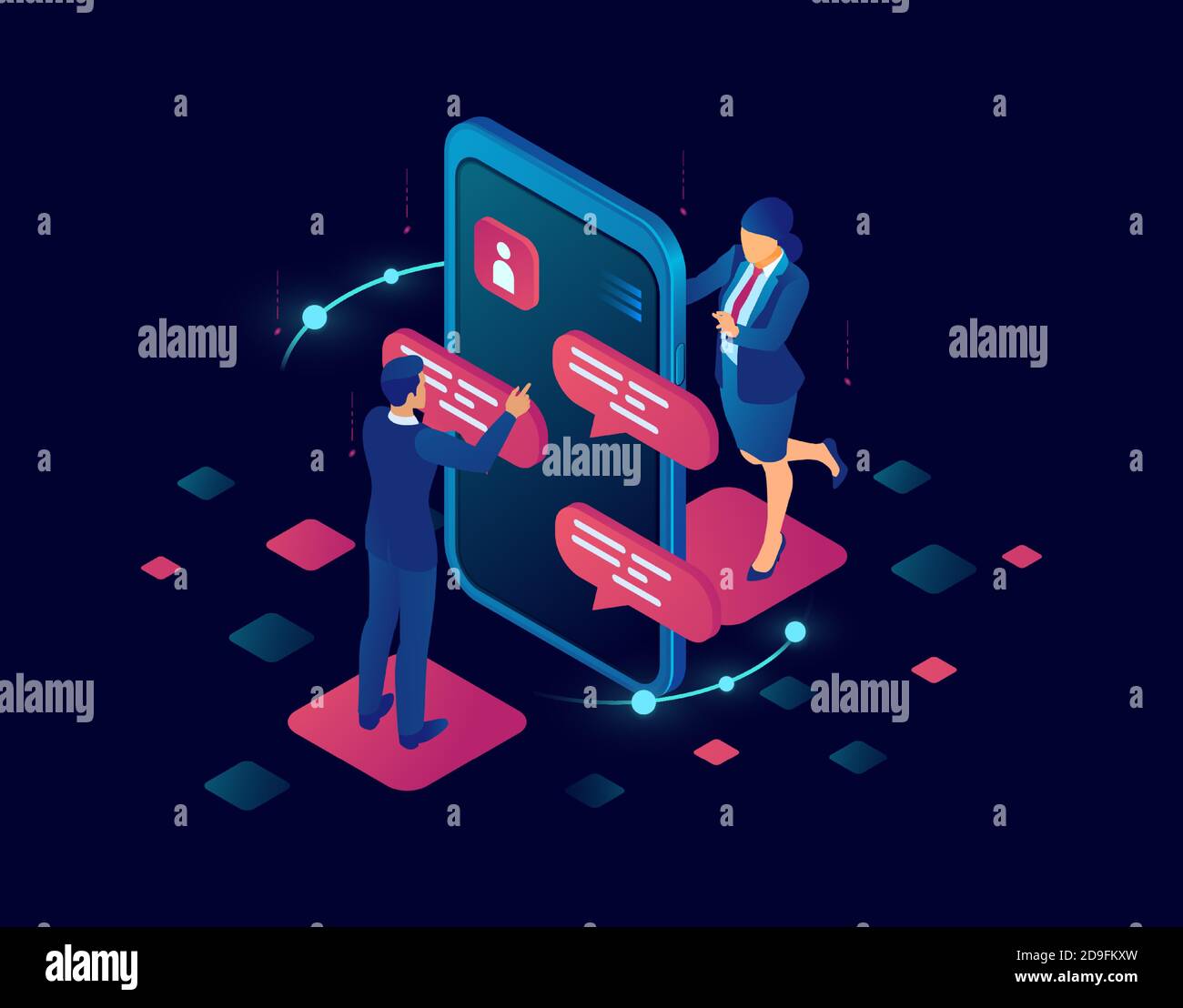 Vektor eines Geschäftsmannes und Geschäftsfrau chatten online auf einem Mobiltelefonplattform Stock Vektor