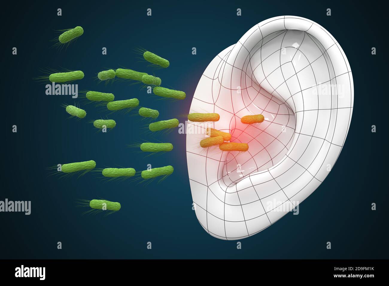 Bakterielle Ohrerkrankungen. Bakterien und das menschliche Ohr als Konzept von Ohrbeschwerden. 3d-Illustration Stockfoto