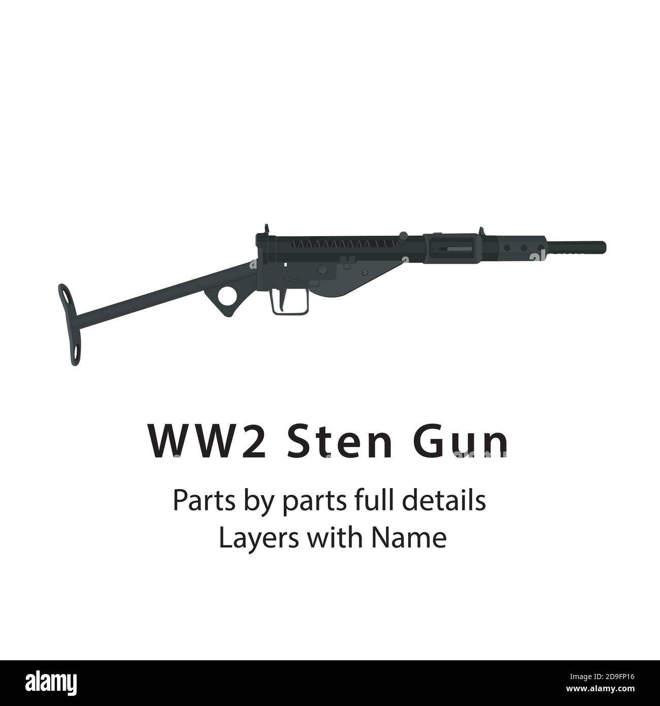 Stengun. Britische Maschinengewehr im Zweiten Weltkrieg. WW2 Pistolen - Teile nach Teilen mit Layer-Namen, am besten für Animationen wie Brennen, Stock Vektor
