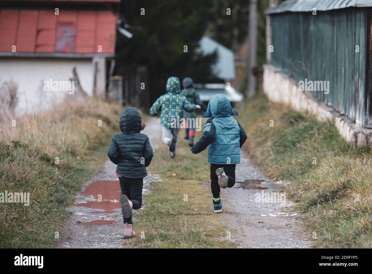 Vorschulkinder, die für kaltes Wetter gekleidet sind, laufen auf einer Landstraße mit Pfützen während eines kalten und regnerischen frühen Novembertages in Rumänien. Stockfoto