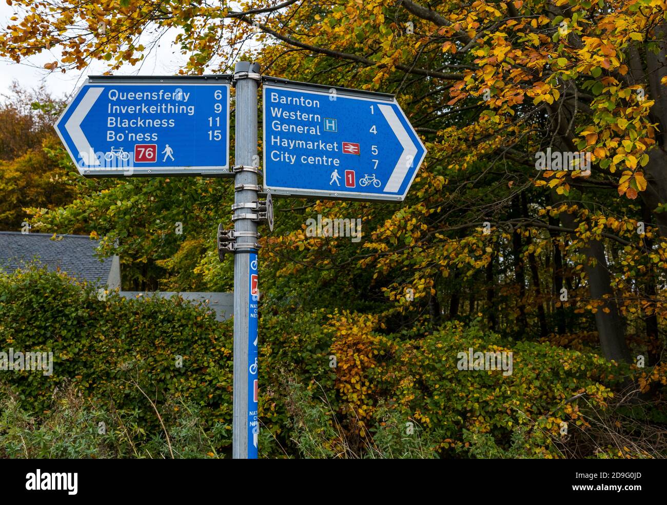 Wegweiser mit Wander- und Fahrradanweisungen für die Radroute 1 und 76 mit Herbstbäumen, Edinburgh, Schottland, Großbritannien Stockfoto