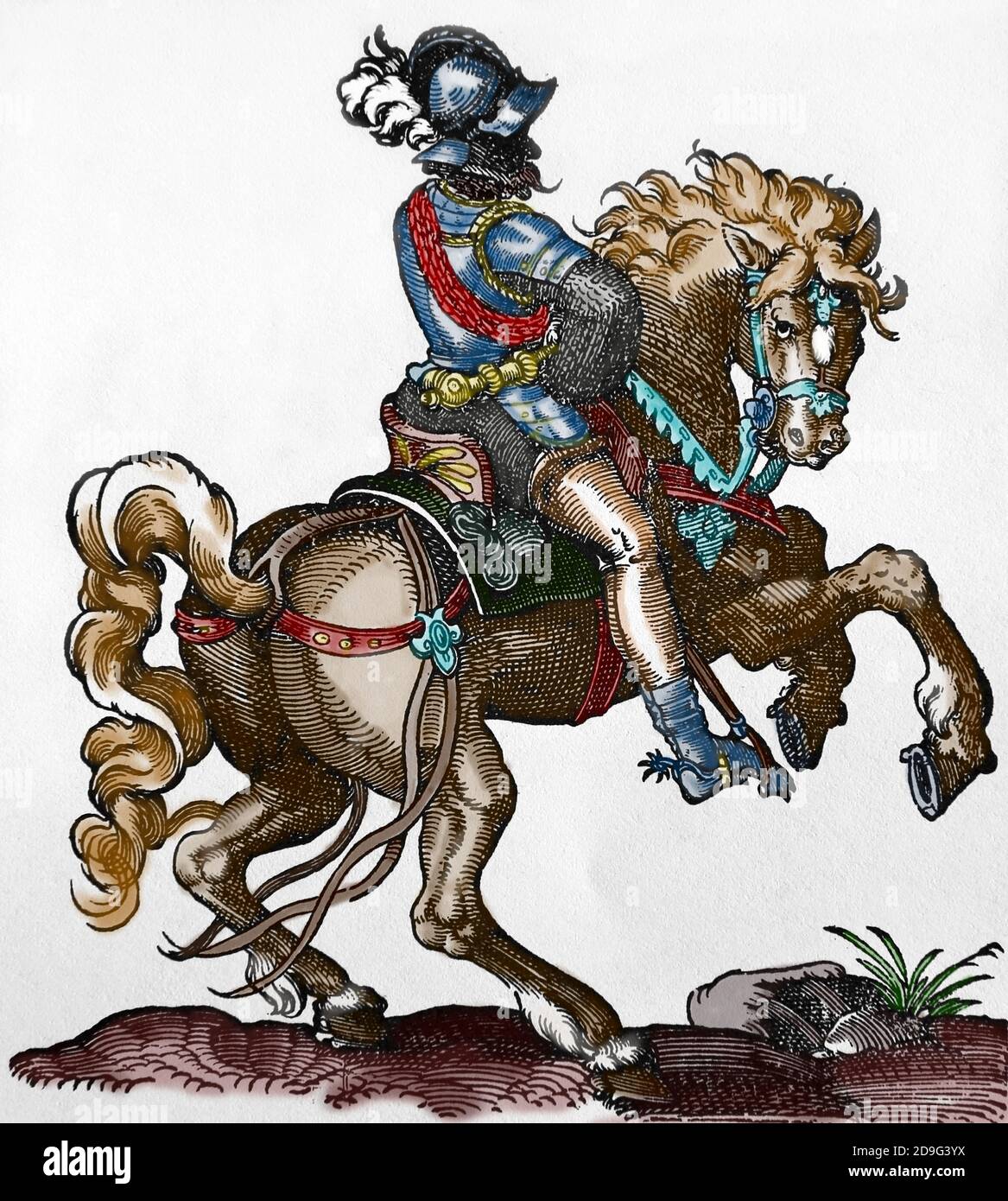 Renaissance. Kavallerist (Soldat in der Kavallerie). Engravinb von Jost Amman, 16. Jahrhundert. Farbige Gravur. Stockfoto