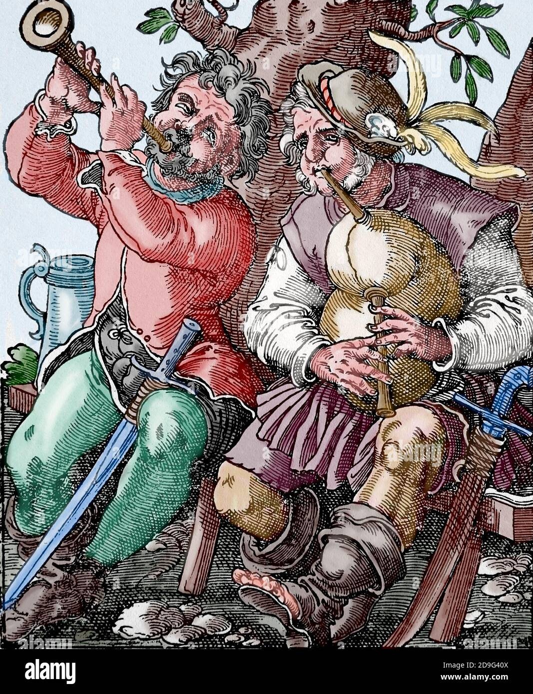 Moderne Zeit. Europa. 16. Jahrhundert. Zwei Musikmusik. Stich von Jost Amman (1539-1591). Spätere Färbung. Stockfoto