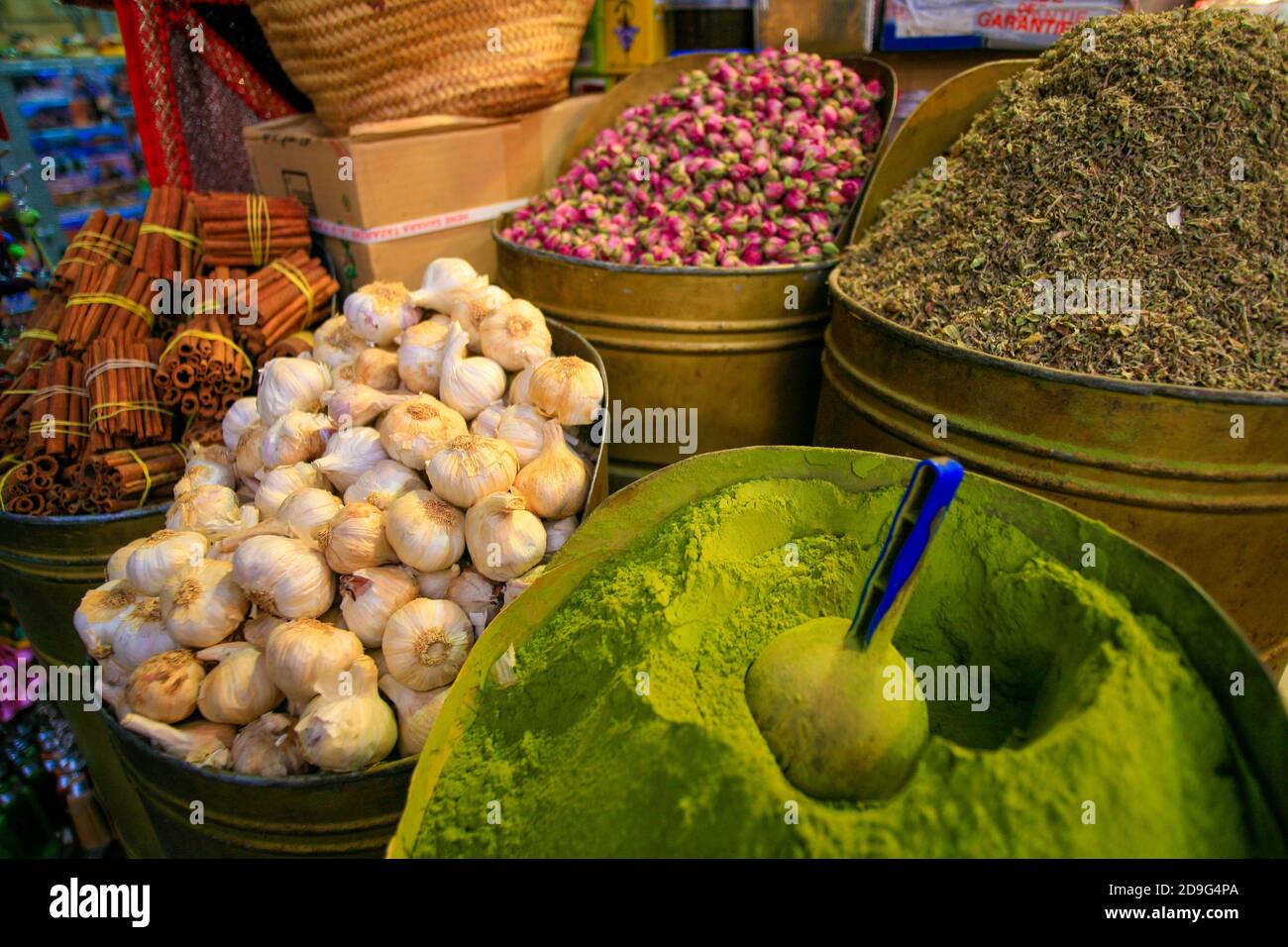 Gewürzstand, Marrakesch Souk, Marokko. Stockfoto