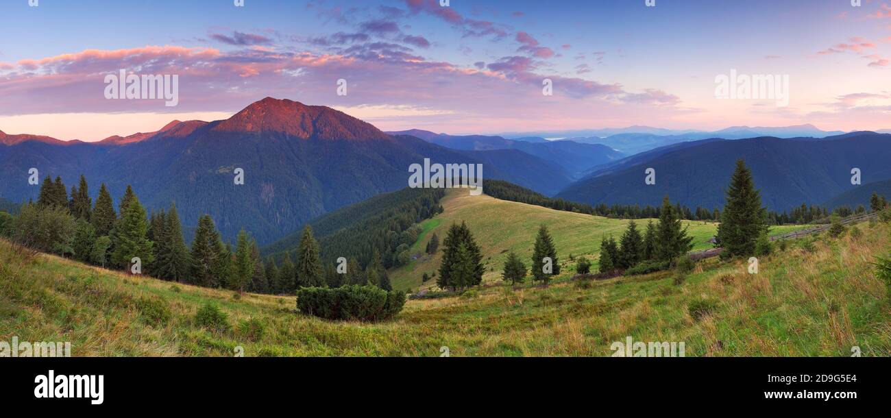 Morgen Bergpanorama mit schönem Himmel und Pinienwald Stockfoto