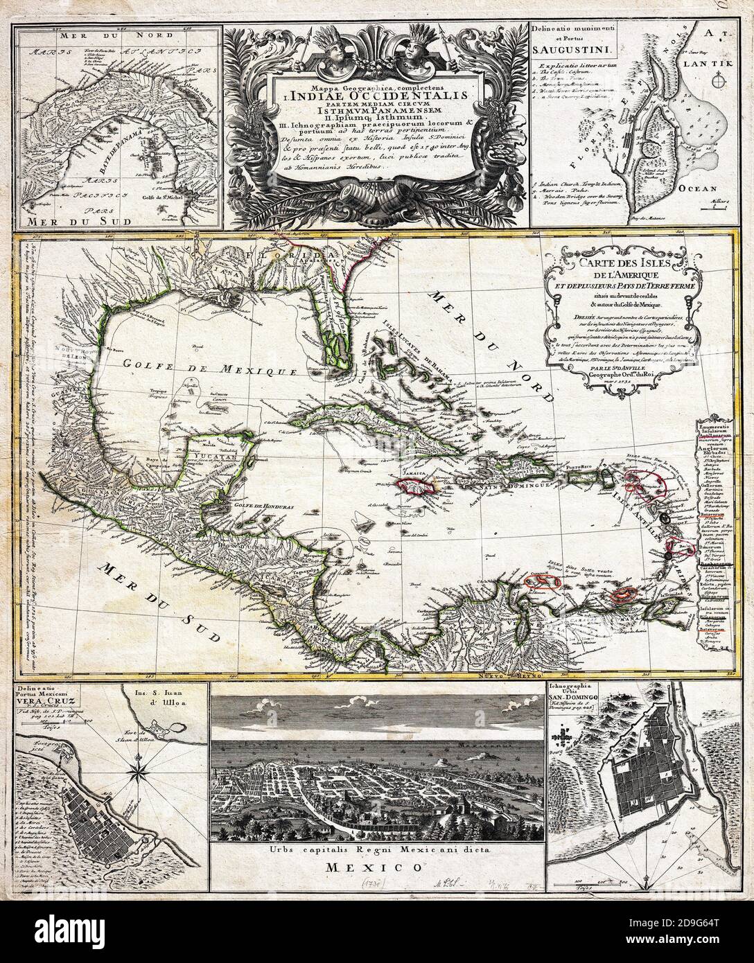 J. B. Homanns Karte der Westindischen Inseln datiert 1731. Besteht aus Karten basierend auf der Arbeit von D’Anville in einem einzigen Blatt zusammengestellt. Die Primärkarte, die D’Anvilles Werk von 1731 zugeschrieben wird, zeigt die Westindischen Inseln von Mexiko bis zu den Kleinen Antillen einschließlich der Gesamtheit von Florida, Teilen von Carolina und Teilen von Nord-Südamerika. Südflorida, in einer versuchten Darstellung der Everglades, wird als eine Reihe von Seen und Inseln durch enge Kanäle verbunden gezeigt. New Orleans und die Mündungen des Mississippi werden mit relativer Genauigkeit dargestellt, ebenso Mexiko und die Westindischen Inseln. Territo Stockfoto
