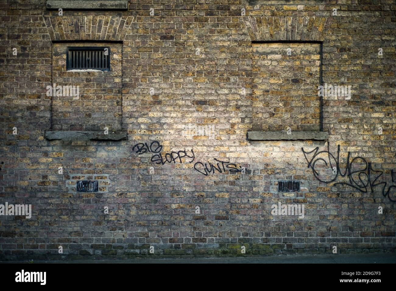 Eine Ziegelwand mit zwei gefüllten Fenstern (die wahrscheinlich während der Zeit der Besteuerung von Fenstern entfernt wurden) im Zentrum von Dublin mit Graffiti. Angezeigt Stockfoto