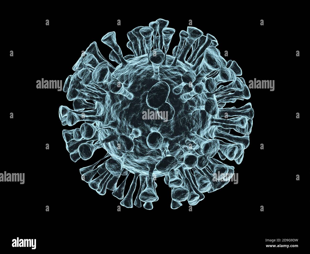Illustration des Virus Coronavirus covid-19 isoliert auf schwarz. 3d-Rendering Stockfoto