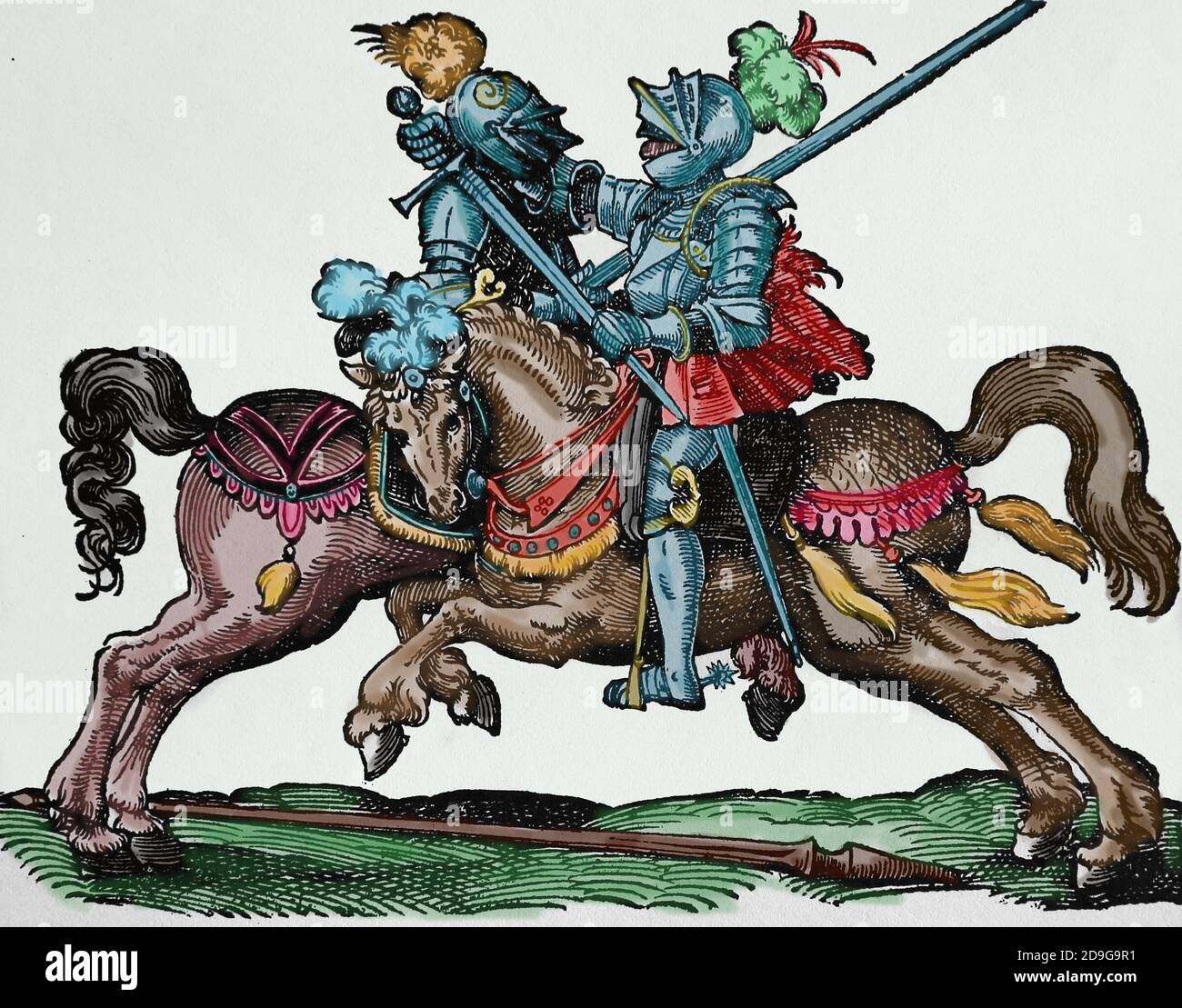 Jausting. Renaissance. Jouster mit Lanze und Schwert. Stich von Jost Amman, 16. Jahrhundert. Spätere Färbung. Stockfoto