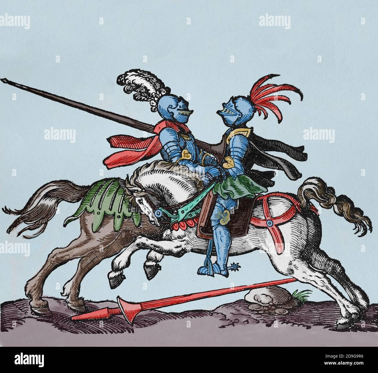 Jausting. Renaissance. Jouster mit Lanzen. Stich von Jost Amman, 16. Jahrhundert. Spätere Färbung. Stockfoto