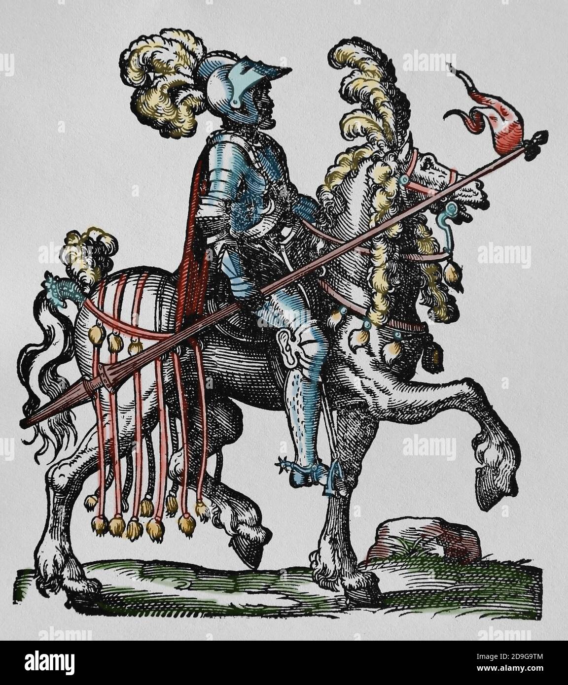 Jausting. Renaissance. Ritter mit Lanze. Engravinb von Jost Amman, 16. Jahrhundert. Spätere Färbung. Stockfoto