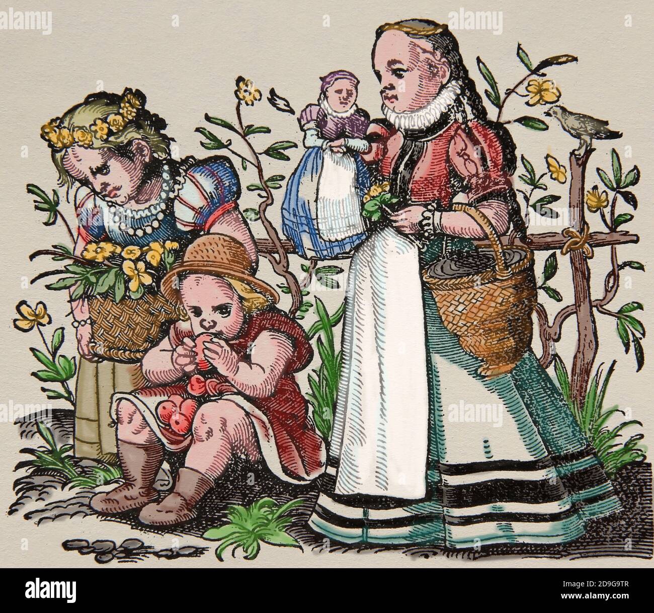 Renissance. 16. Jahrhundert. Mädchen. Stich von Jost Amman (1539-1591). Spätere Färbung. Stockfoto