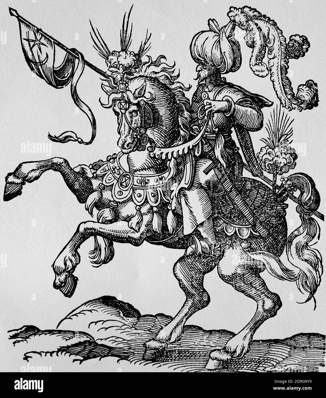 Moderne Zeit. Osmanisches Reich. 16. Jahrhundert. Türkischer Kavallerist mit Wimpel. Stich von Jost Amman, 16. Jahrhundert. Stockfoto