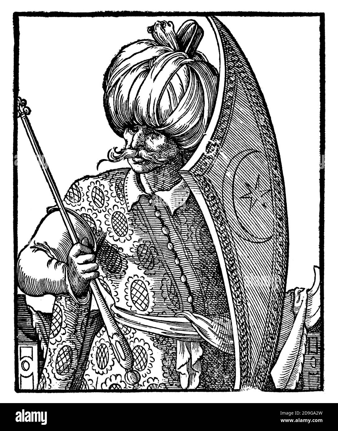 Moderne Zeit. Osmanisches Reich. 16. Jahrhundert. Turk mit Schild und Zepter. Stich von Jost Amman, 16. Jahrhundert. Stockfoto