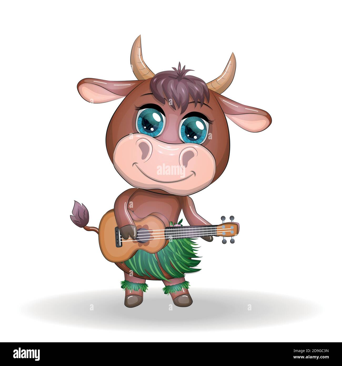 Niedlicher Cartoon-Stier, Kuh mit schönen Augen, hawaiianische Hula-Tänzerin Charakter mit Ukulele-Gitarre zwischen Blättern, Blumen. Chinesische Neujahr niedlichen Bullen Stock Vektor