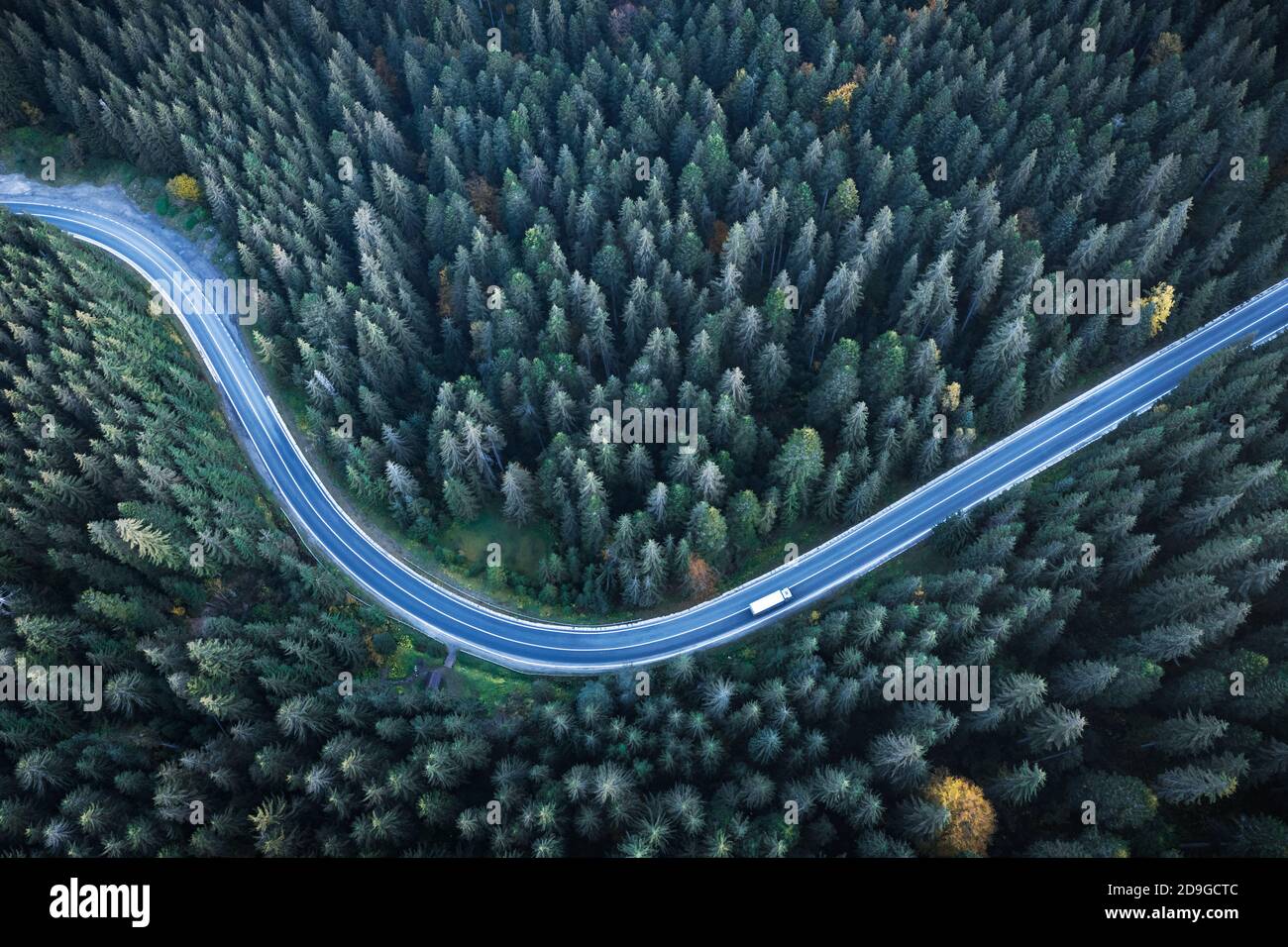 Flug über die Herbstberge mit Straße Serpentin und Kiefernwald. Draufsicht. Landschaftsfotografie Stockfoto