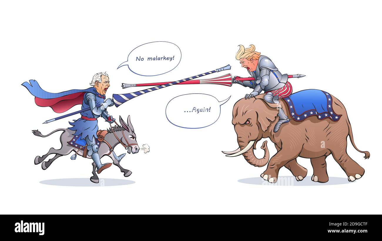 Joe Biden und Donald Trump greifen sich wie ein mittelalterlicher Ritter mit Turnierlanzen an. Kämpfer reiten auf einem Esel und einem Elefanten. Politische Karikatur Stock Vektor