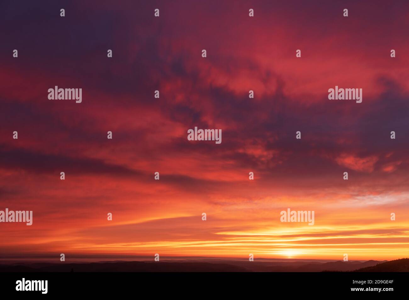 Feurig orange Sonnenuntergang Himmel. Dramatischer Himmel mit rot leuchtenden Wolken. Natürlicher Hintergrund für Ihr Landschaftsprojekt Stockfoto