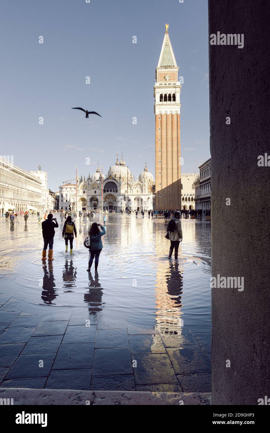 Touristen fotografieren auf dem Markusplatz bei Flut, Acqua alta. Der Markusdom und der Glockenturm spiegeln sich auf dem Wasser. Stockfoto