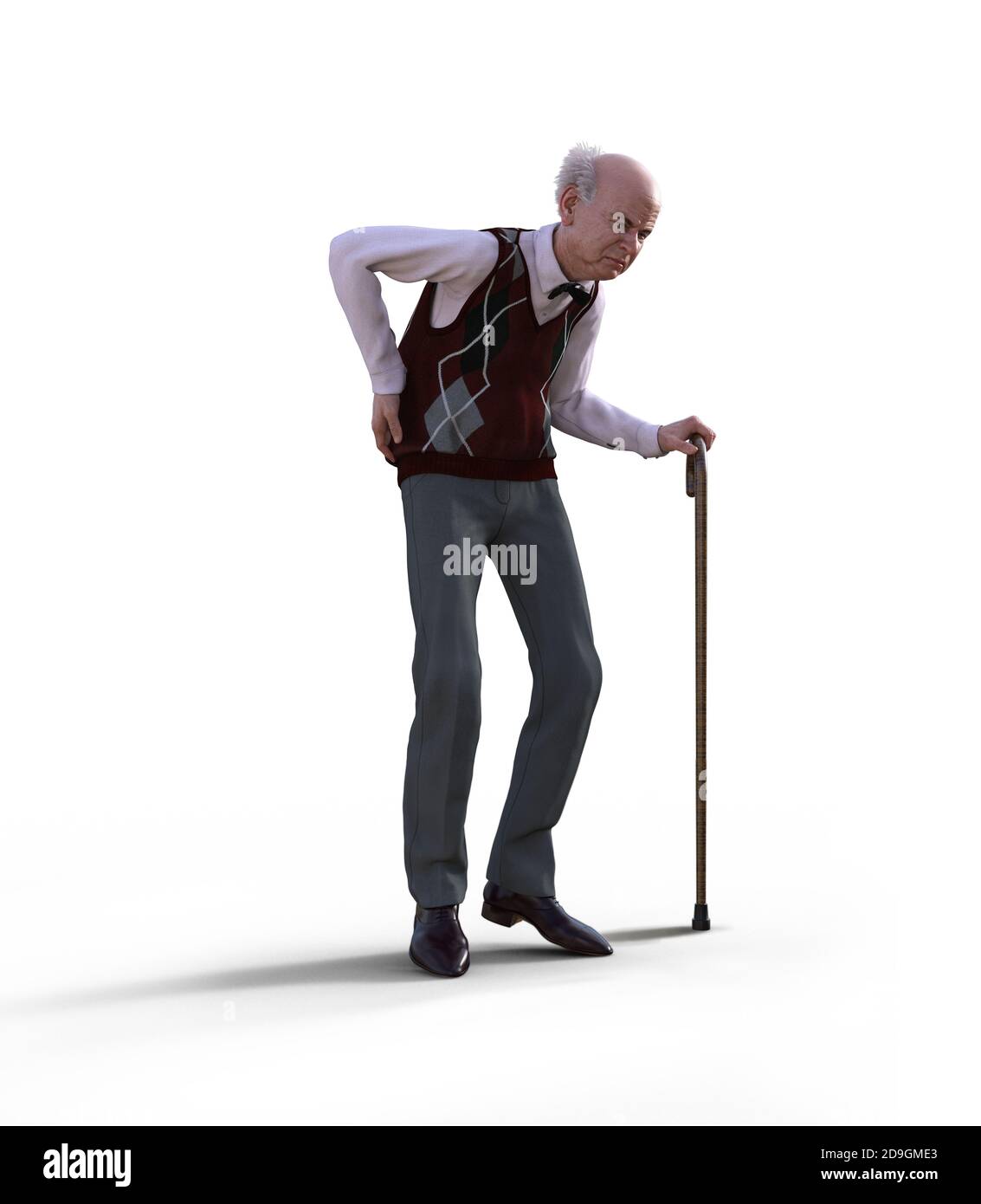 Ein exzentrischer älterer Mann mit einem Gehstock, der unter Rückenschmerzen leidet, isoliert auf weißem Hintergrund, 3d-Rendering. Stockfoto