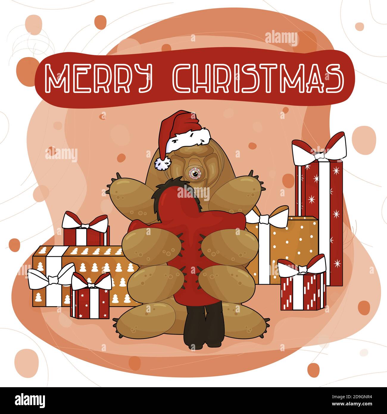 Cute Cartoon Tardigrade Wasserbär in Sants Hut gibt ein Umarmung an Menschen mit Neujahr Geschenke und frohe Weihnachten Text Stock Vektor