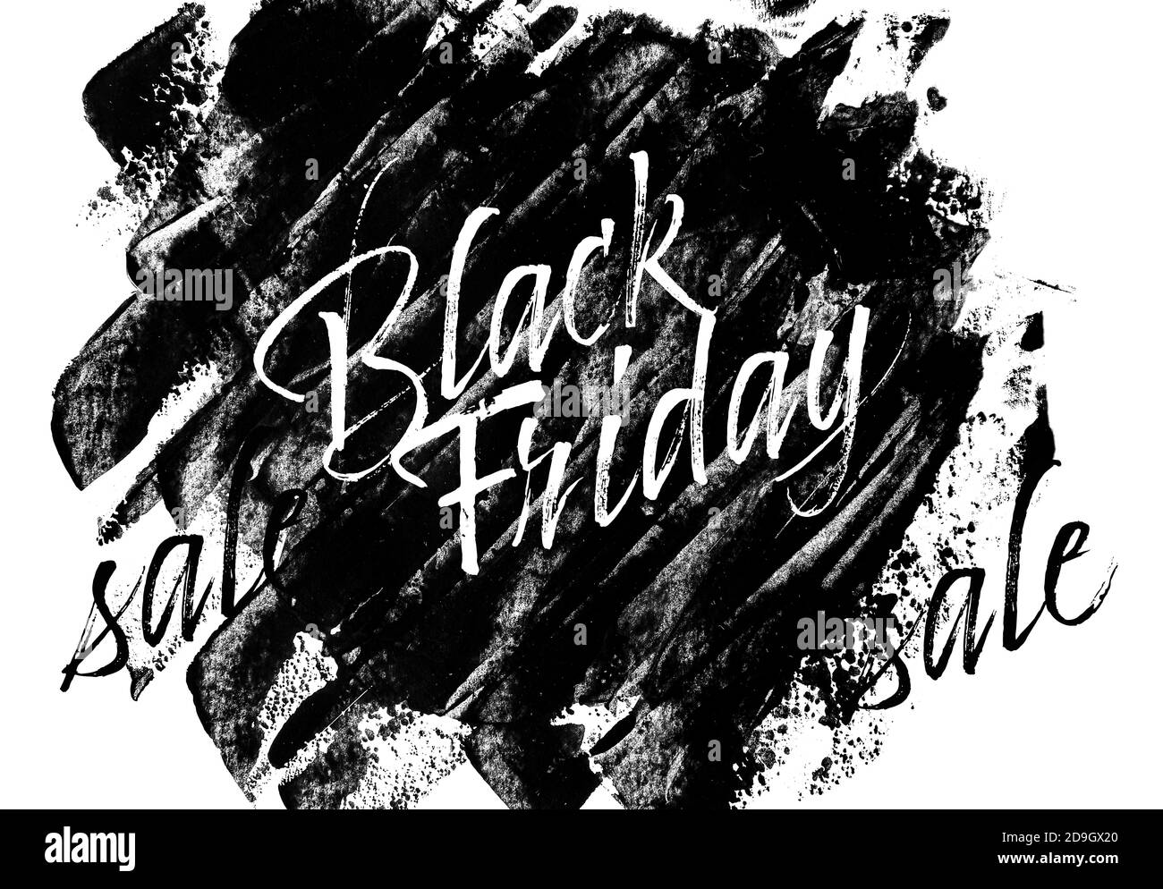 Pinselstriche mit Aufschrift 'Black Friday Sale' auf weißem Hintergrund Stockfoto